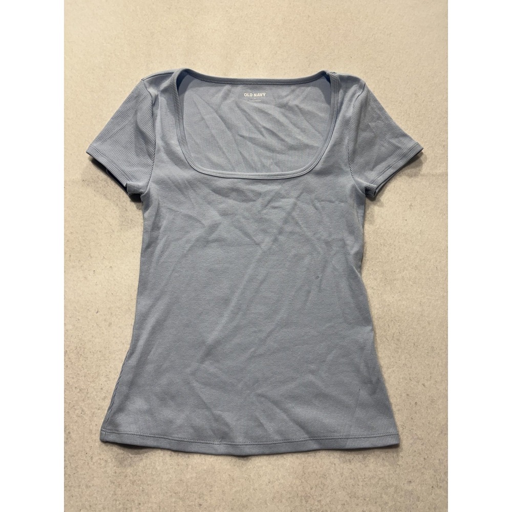 Old Navy Shirt Womens Small Blue Square Neck Short Sleeve Ribbed Tee Stretch